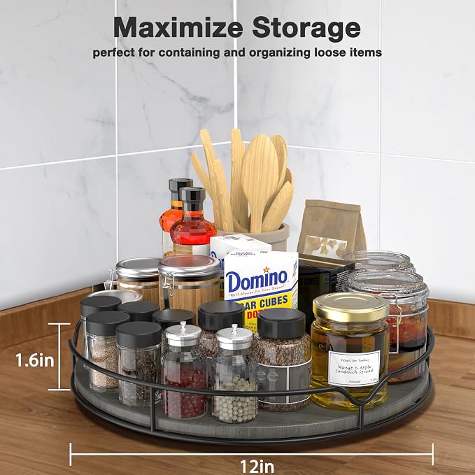 Lazy Susan Turntable Organizer with Anti-Slip Mat for Cabinet Pantry Kitchen Countertop Refrigerator Office, Pine Wood, 12", Grey… - Image 4