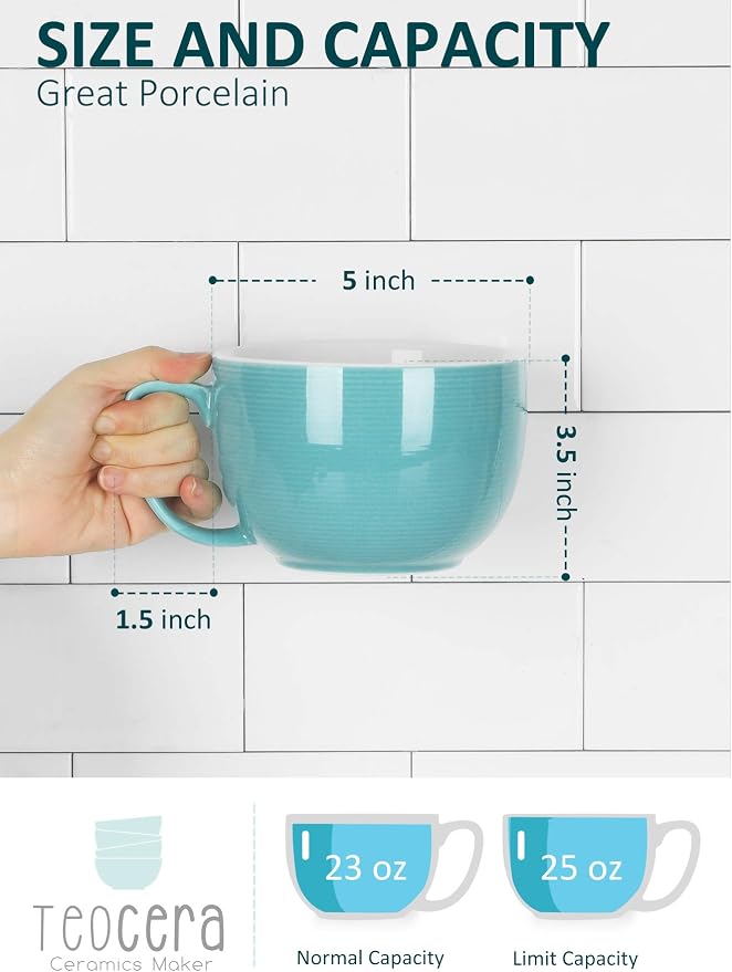 Teocera 24 oz Soup Bowls with Handles, Porcelain Large Coffee Mug Set, Jumbo Mugs, Soup Bowls Mugs set of 4 for Coffee, Oatmeal, Stew - Striped Design, Turquoise - Image 2