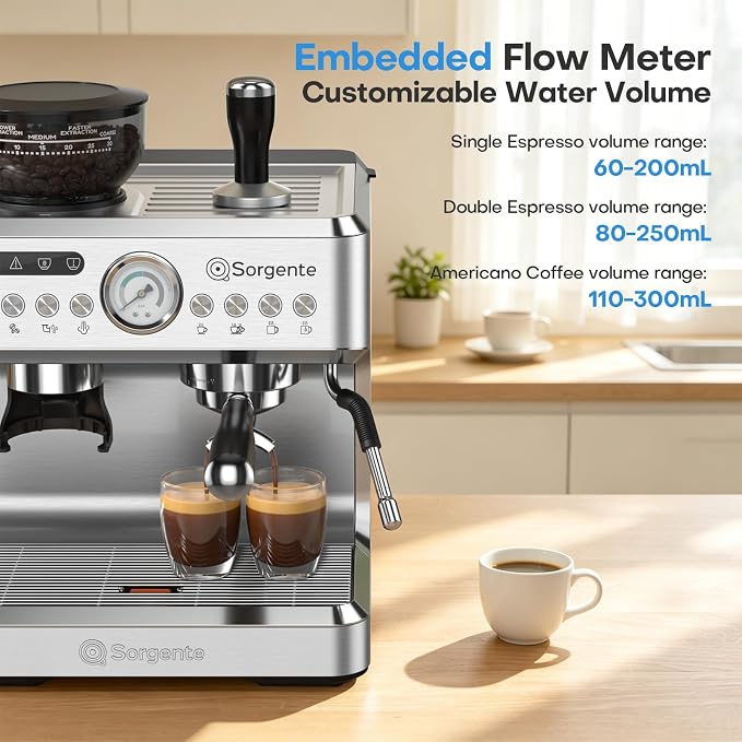 Sorgente Espresso Machine with Grinder, Brushed Stainless Steel | Professional Coffee Maker with Built-in Grinder, Easy to Clean with this Semi-Automatic Coffee Machine,Durable for Home Use - Image 5