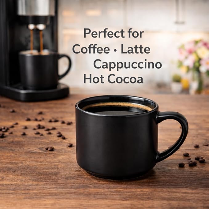GBhome 14 OZ Coffee Mugs Set of 6, Stackable Ceramic Mugs for Men, Women, Modern Coffee Cups With Stable Base for Latte, Tea, Cappuccino. Dishwasher & Microwave Safe, Matte Black - Image 4