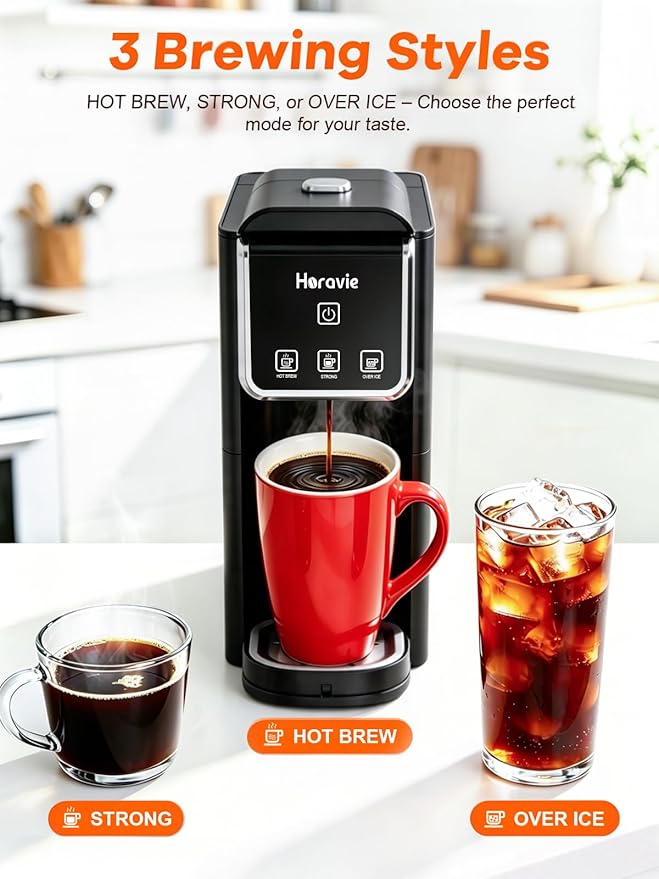 Horavie Hot and Iced Single Serve Coffee Maker, for K-Pod and Grounds, Strong Brew Setting, 6-12 Oz Brew Sizes One Cup Coffee Maker for Home, Travel, RV, Office and Dorm, Black - Image 3