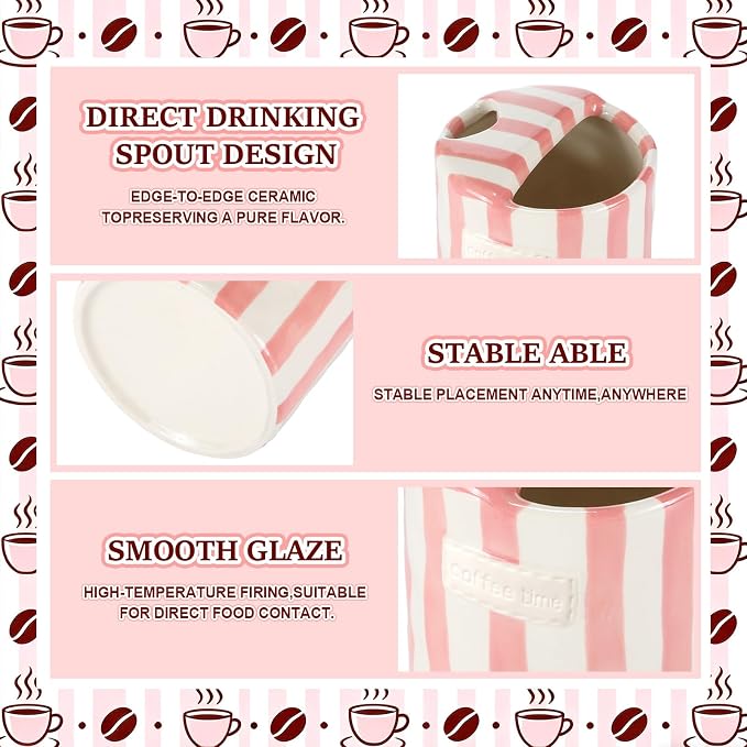 1 Pack Ceramic Coffee Mug with Sip Hole Espresso Cup 10oz with Straws Retro Hand Painted Striped Ceramic Iced Coffee Tea Travel Mug Latte Cup for Kitchen Dining (Simple,Pink) - Image 3