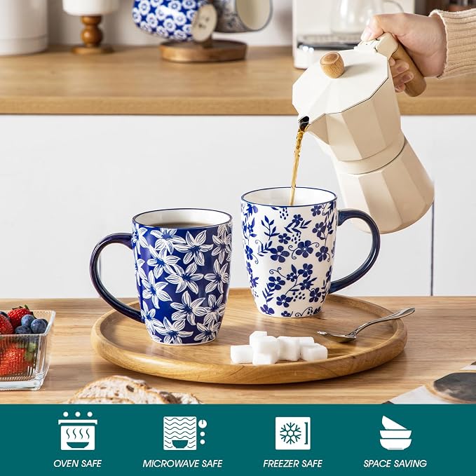 vancasso SELENE Large Coffee Mugs Set of 6, 16 Oz Porcelain Coffee Cups with Handle, Ceramic Tea Cup for Cappuccino, Latte, Tea, Cocoa, Dishwasher & Microwave Safe Gift Sets, Vintage Blue - Image 4