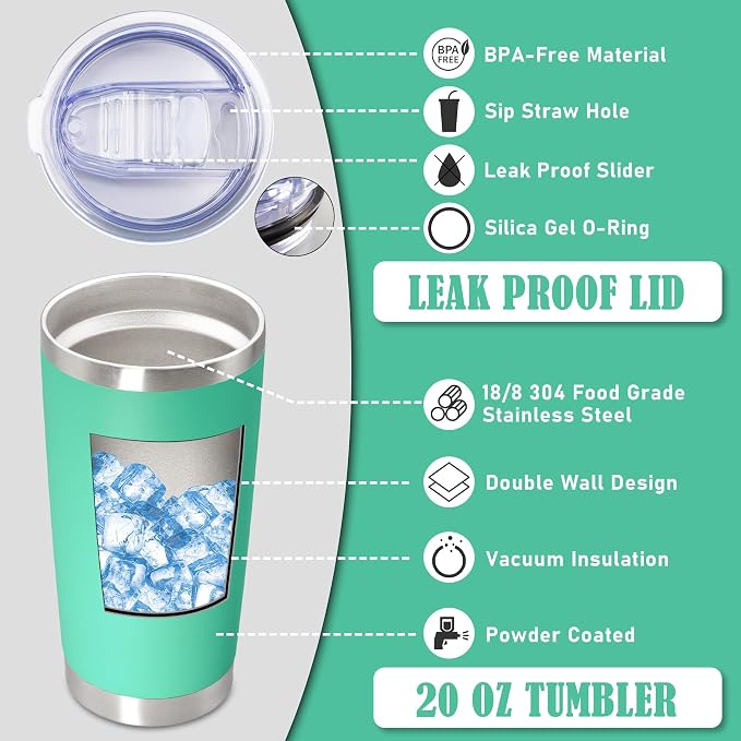 20oz Tumbler Insulated Coffee Tumblers with Lid StainlessSteel LightBlue12P | 20 oz Tumblers Double Wall Insulated Vacuum 20oz Coffee Mug Leak Proof Tumblers with Lid Powder Coated - Light Blue 12 Pack - Image 3