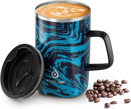 Ideus 16 oz Insulated Stainless Steel Coffee Mug with Lid, Blue Zebra | Perfect for home, office, or daily use| Easy to clean wide mouth| Sweat-proof| On the go by IDEUS
