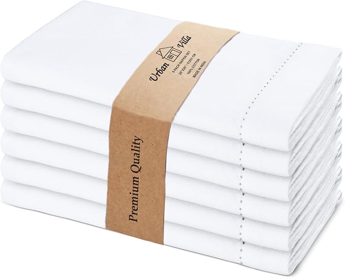 Urban Villa Hemstitch Cloth Dinner Napkins Cotton 20”x20” (Set of 6)-White by CottonTrends