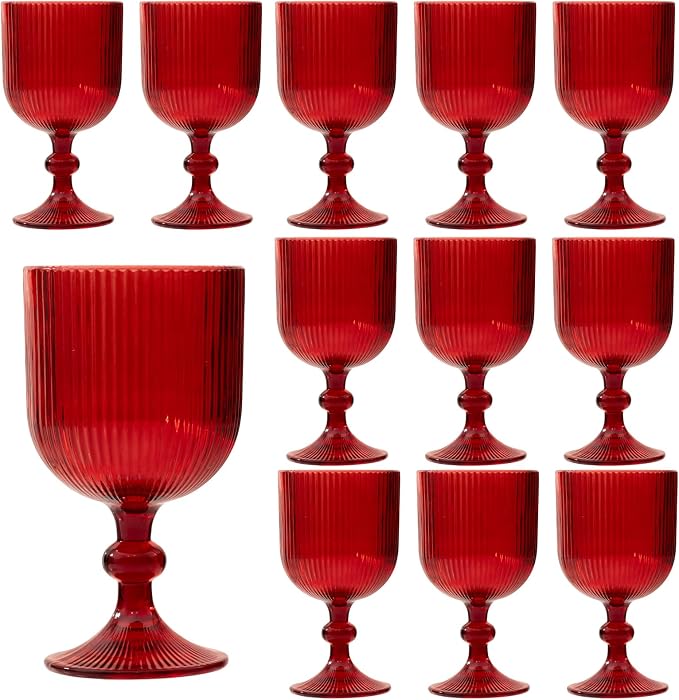 12 Pcs Red Vintage Wine Glasses, 11 Ounces Colored Glass Water Goblets, Unique Embossed Pattern High Clear Stemmed Glassware Wedding Party Bar Glass Drinking Cups Fancy Glasses Set Hand Wash Only by XKXKKE