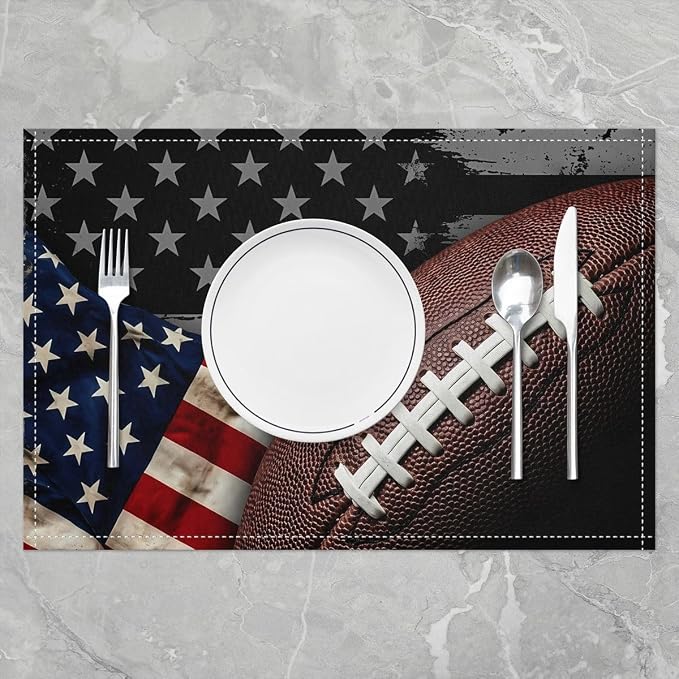 Feelyou Football Placemats Set of 4 12x18 Inch American Flag Table Mats for Party Kitchen Dining Decoration Holiday Seasonal Patriotic Rugby Place Mat for Dinner Table Indoor Outdoor Easy to Clean - Image 2