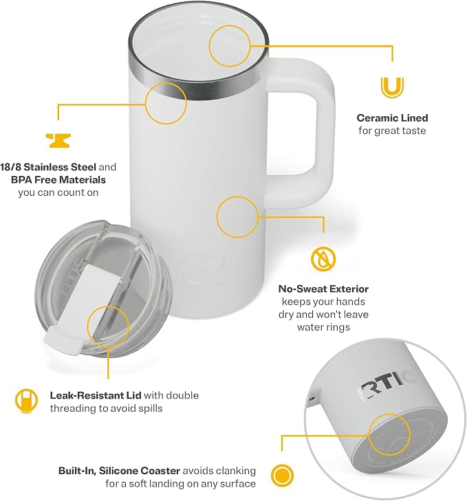RTIC 16oz Road Trip Travel Mug with Lid and Handle, Ceramic Lined, Insulated, Stainless Steel, Metal, Double Wall Vacuum-Insulation, Portable Coffee, Tea Cup for Hot and Cold Drink, White - Image 3