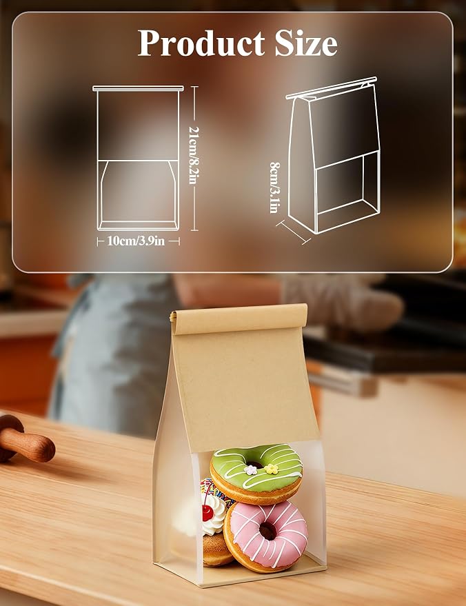 FireKylin Bread Cookie Bags with Window & Tin Tie,3.9x3.1x8.2 (50,Small) | Food Safe Brown Paper, Clear Window, Reusable Tin Tie, for Homemade Bread, Cookies, Muffins, Pastry, Candy, Party Favor - Image 2