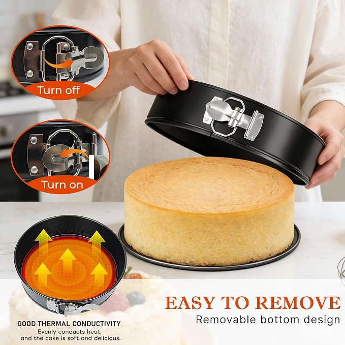 COOLMI Springform Pan Set of 3, 4 Inch Heart & 7/9 Inch Round Cheesecake Pans, Nonstick Cake Pans with Removable Bottom, Leak-Resistant Carbon Steel Bakeware for Baking, Cake Release Knife Included - Image 3