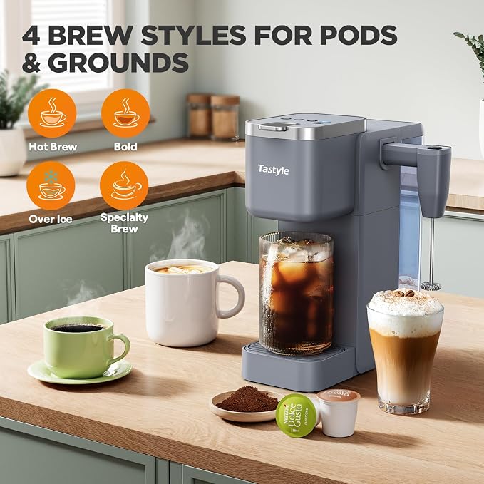 Tastyle Single Serve Coffee Maker with Built-in Detachable Milk Frother | For K Cups & Grounds, 40oz Removable Water Tank, 6 Brew Sizes, 2 Drip Trays, BPA Free, Fits 7.3" Travel Mug, K330MF, Gray - Image 3