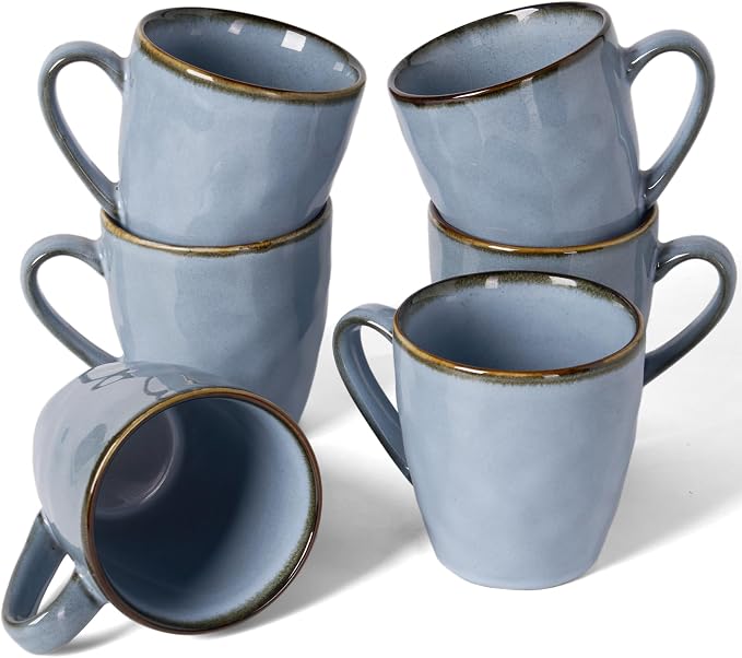 famiware Coffee Mugs Set of 6,Ocean Round 11.5oz Coffee Cup Set with Handle for Cocoa, Milk, Hot Chocolate, Tea or Water, Stoneware Cups for Kitchen, Reactive Glaze, Microwave Dishwasher Safe, Blue by Famiware