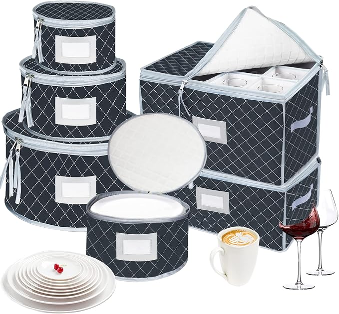China Dinnerware Storage Containers Set- Dish,Mug,Stemware Storage Cases - Quilted Box Bins Stackable with Divider,handles,Clear Window for Cups,Plates,Wine Glasses Moving Set of 6 (Grey by VERONLY