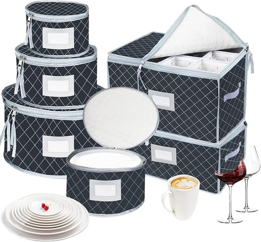 China Dinnerware Storage Containers Set- Dish,Mug,Stemware Storage Cases - Quilted Box Bins Stackable with Divider,handles,Clear Window for Cups,Plates,Wine Glasses Moving Set of 6 (Grey by VERONLY