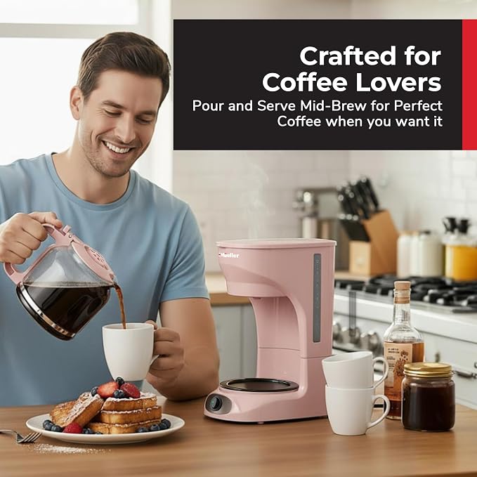 MUELLER HOME 12-Cup Pink Coffee Maker | Borosilicate Carafe, Auto-Off, Reusable Filter, Anti-Drip, Keep-Warm Function - Image 8