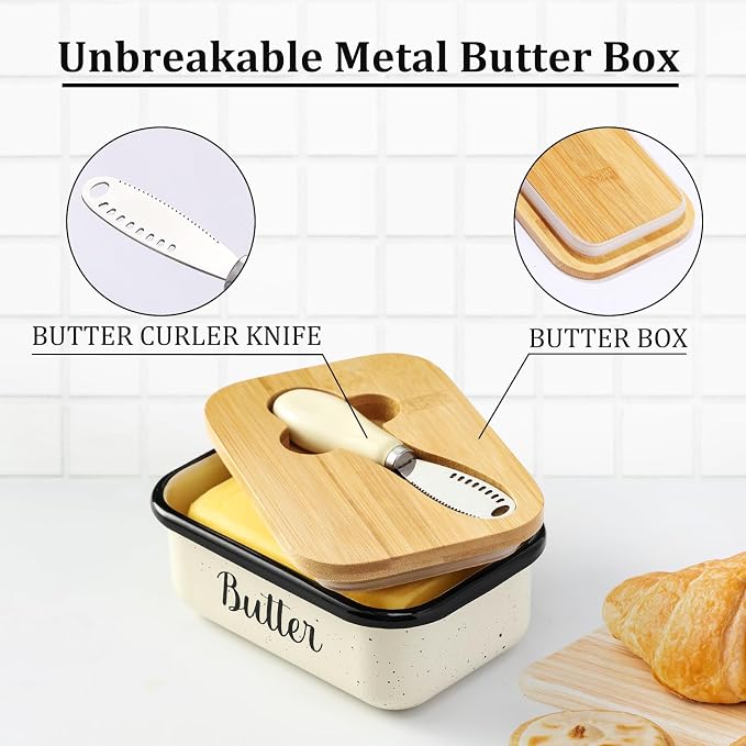 LANDNEOO Butter Dish with Lid and Butter Curler Knife, Unbreakable Metal Keeper Container Double Silicone Sealing, Speckled White, 6.2'L x 4.2' W x 2.2' H, 2 Sticks Capacity, Stainless Steel, Bamboo - Image 4