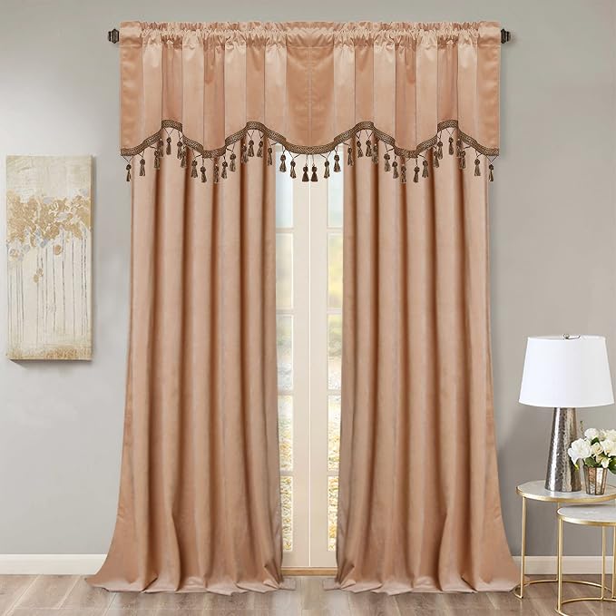 Blush Beige Tassel Velvet Valances Curtains 52x18 Inch 2 Panels | Valances Curtains for Kitchen, Nursery, Half Window Tassel Tier Curtains Room Darkening Home Decor for Living Room - Image 7