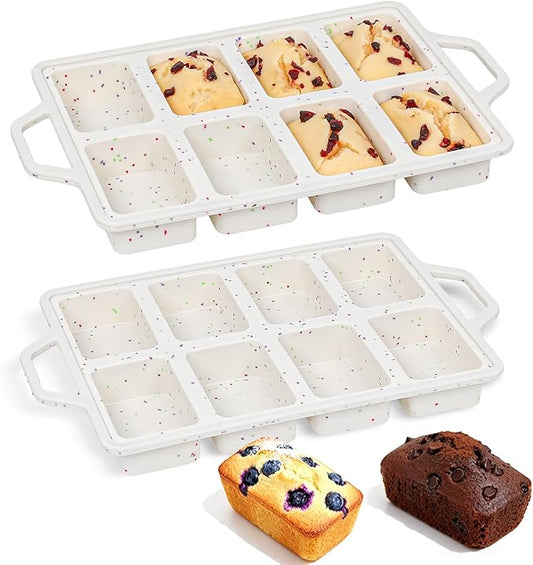 FUNBAKY Mini Loaf Pans with Metal Frame - Silicone Mini Bread Loaf Pans 8-Cavity BPA Free Nonstick for Baking Banana Bread, Cakes, Brownies, Meatloaf 2 Pack