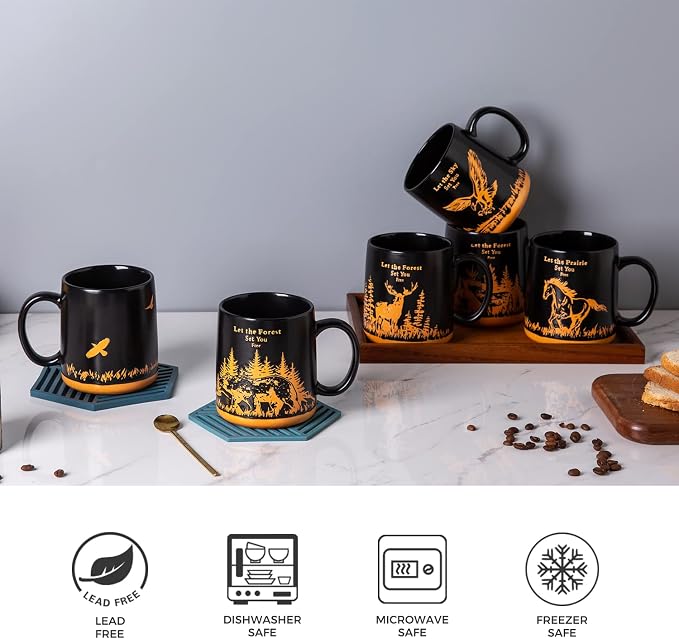 AmorArc 18oz Large Coffee Mugs Set of 6, Ceramic Coffee Mugs with Animal Wildlife Textured Patterns for Tea Latte Cocoa. Easy to Hold&Clean, Dishwasher&Microwave Safe, Matt Black - Image 6