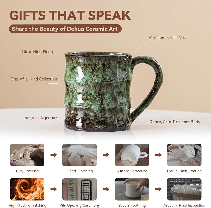 Unique Reactive Glaze Ceramic Coffee Mug - 15 oz Large Coffee Cup with Ergonomic Large Handle, Forest Green Ceramic Mug for Office & Home, Great Birthday Gift for Women, Men & Friends - Image 4