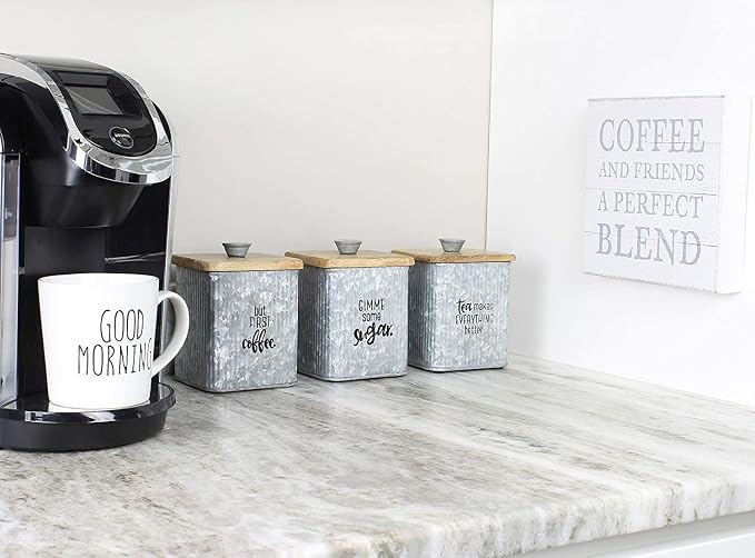 AuldHome Design Farmhouse Galvanized Canisters (Set of 3); Storage Containers for Coffee, Tea and Sugar in Galvanized Iron and Wood Design - Image 3