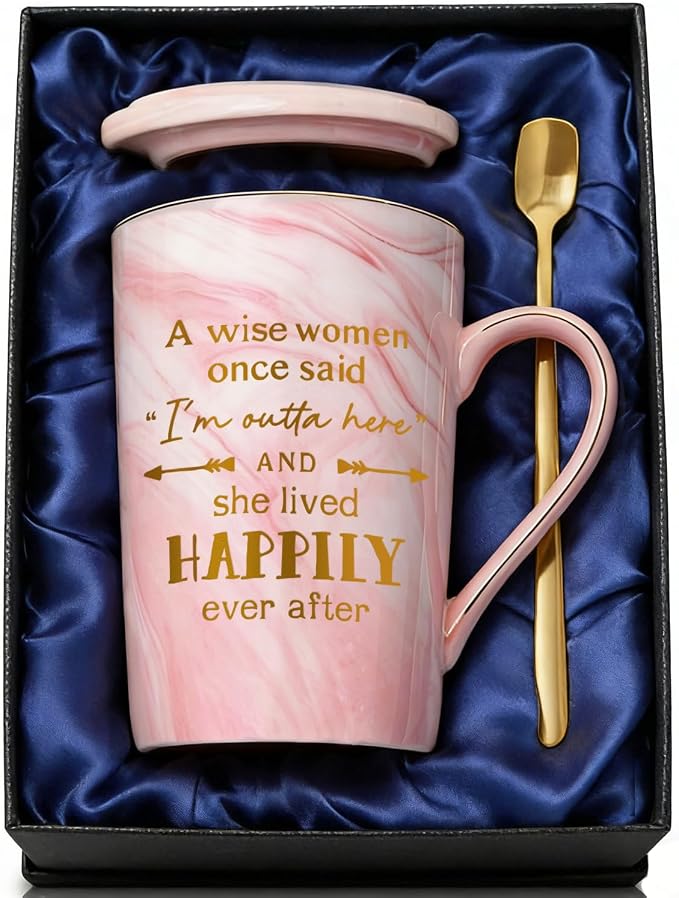 Retirement Gifts for Women, A Wise Woman Once Said I'm Outta Here Funny Retirement Mug, Coworker Leaving Farewell Going Away Gift,14 oz Pink Marble Ceramic Mug with Real Gold Print & Gift Box by ShinnyWis
