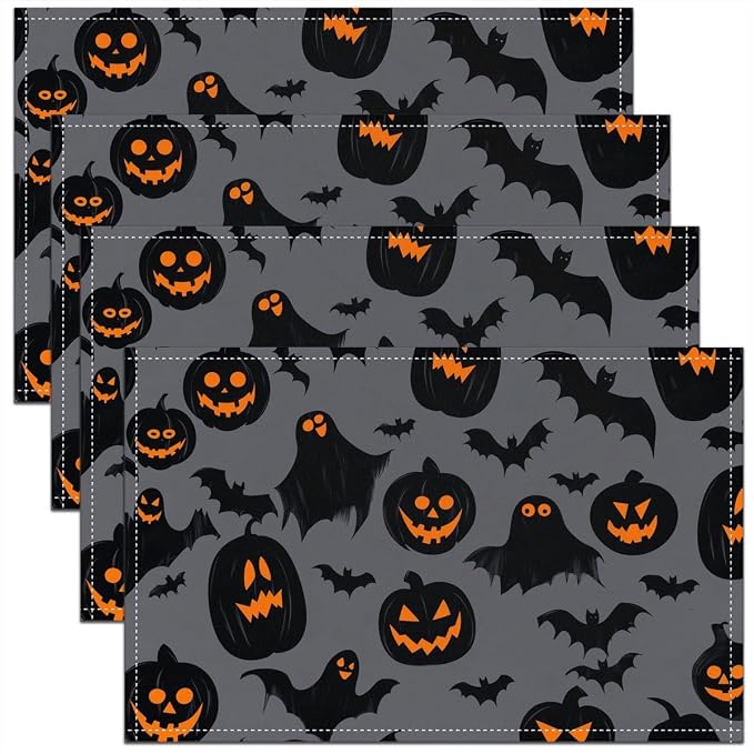 Feelyou Happy Halloween Placemats Set of 4 Horror Ghosts Bats Table Mats Black Gray Orange Place Mat for Kitchen Dining Table Party Decor Indoor Outdoor 18"x12" Non-Slip Easy to Clean Pumpkin Lantern by Feelyou