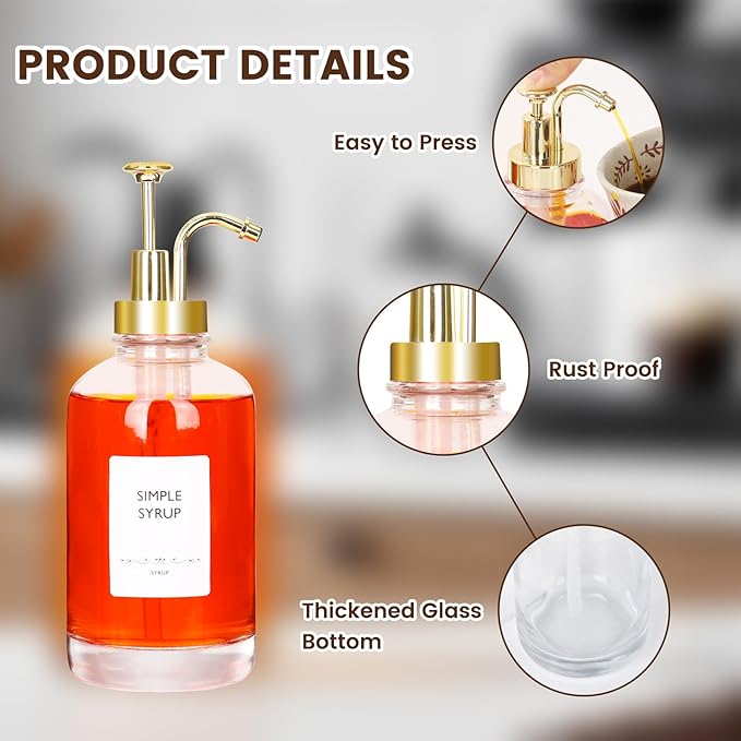 16.9oz Coffee Syrup Dispenser 4Pack- Glass Syrup Dispenser Kit for Coffee Bar Accessories for Home Coffee Bar/Premium Labeled Barista Kit, Gold