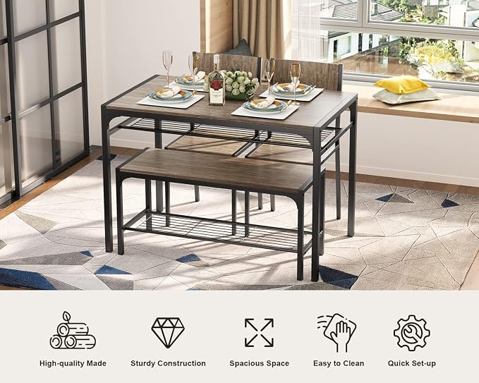Gizoon 4-Piece Dining Table Set for 4, Kitchen Table with Bench Grey | Space-saving grey 4-piece dinette set with metal storage rack. Includes 2 ergonomic chairs and 1 bench. Easy to clean. - Image 9