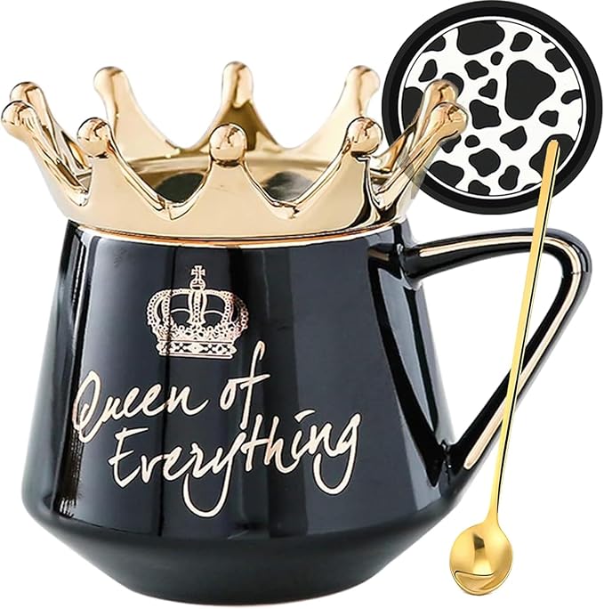 Arawat Queen of Everything Mug with Lid Sweet Black Mug with Crown Coffee 12 oz Mug Gift with Spoon & Coaster Ceramic Tea Mug Birthday Gift for Women Mom Girlfriend Valentine's Day Gifts for Women Man - Image 7