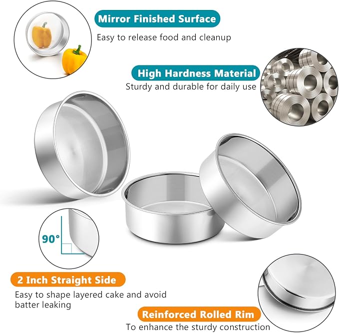 P&P CHEF 5 Inch Cake Pan Set of 2, Stainless Steel Round Baking Cake Pans | For Baking Serving, Non Toxic & Healthy, Leak-proof & Easy Clean, Mirror Finish & Easy Releasing, Oven & Dishwasher Safe - Image 6