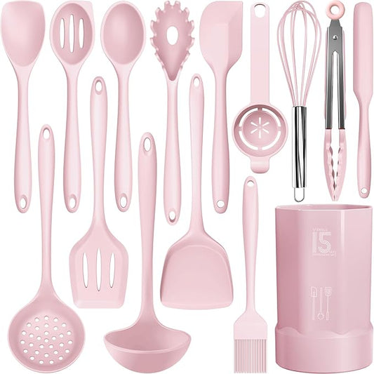 AOTHOD Silicone Cooking Utensils Set - 446°F Heat Resistant Kitchen Utensils, Spatula,Turner Tongs,Spoon,Whisk,Kitchen Utensil Gadgets Tools Set for Nonstick Cookware,Dishwasher Safe BPA Free(Pink) by Safeandsuitableforuse