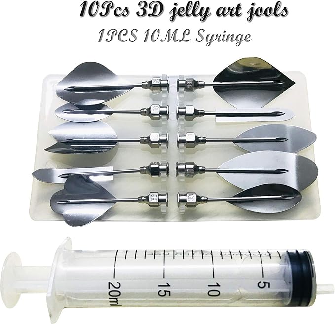 Woohome Art Cake Tools, 11 PCS 3D Gelatin Jelly Tools Includes 10 PCS Gelatin Tools and 1 PCS 10ml Syringe Pudding Pastry Nozzles for Cake Decoration, Jelly Cake making