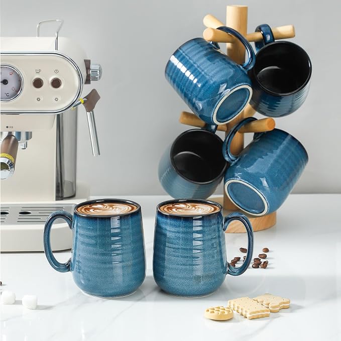 HASENSE Porcelain Coffee Mugs Set of 6, 15 Ounce Large Ceramic Coffee Cups Set with Handle for Latte, Tea, Cocoa and Hot Chocolate, Blue Coffee Mugs for Men and Women, Microwave Safe - Image 4