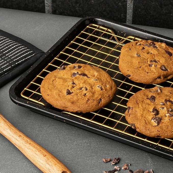 Non-Stick Rectangle Baking Sheet with Gold Cooling Rack - Black - Image 3