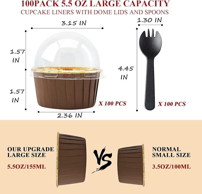 Foil Cupcake Liners With Dome Lids 100 Pack,LNYZQUS 5.5 Oz Muffin Cups Muffin Tins,Disposable Ramekins Cupcake Cups Wrappers Holders,Large Muffin Liners Baking Cups,with Spoons-Brown in Gold - Image 3