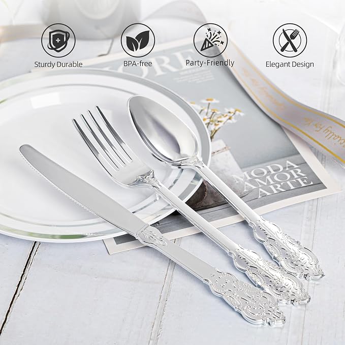N9R 300PCS Silver Plastic Silverware, Vintage Disposable Utensils & Cutlery | 100 Fancy Forks, Spoons, Knives, Heavy Duty, BPA-Free, for Party, Weddings, Birthday & Holiday - Image 3