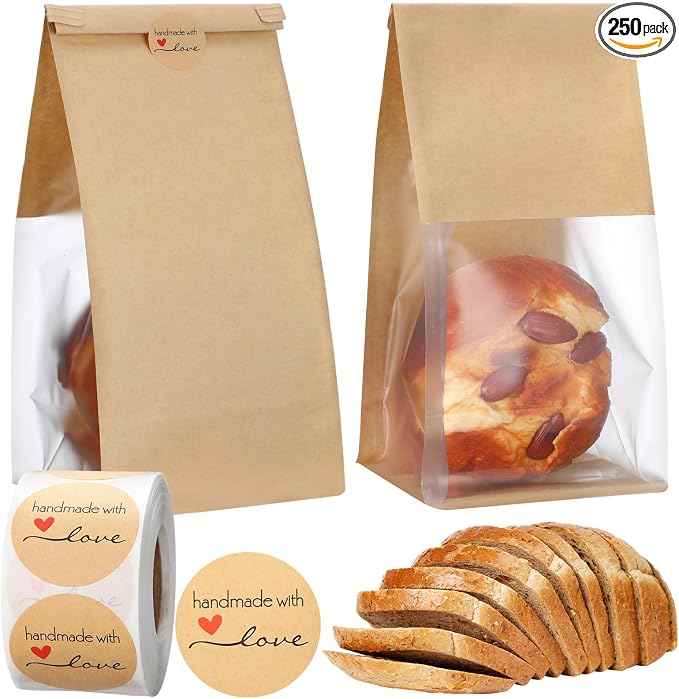 Fullhawl 250 Pcs Bakery Bags with Window, Kraft Paper Cookie Bags with Tin Tie for Sourdough, Pastry, Homemade Baked Goods, Storage Packaging (9.5 x 3.9 x 3.5 Inch) by Fullhawl