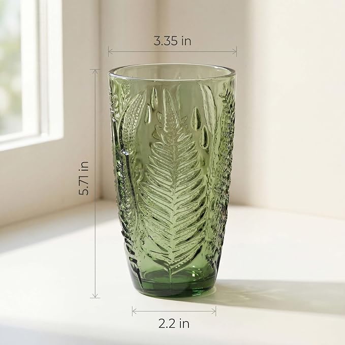 Green Drinking Glasses Set of 4, 16 oz Glass Cups, Vintage Fern Glassware | Hand-Pressed, Dishwasher Safe, Boho Leaf-Textured Drinkware, Embossed Highball Tumblers for Water, Retro Kitchen Gift - Image 7