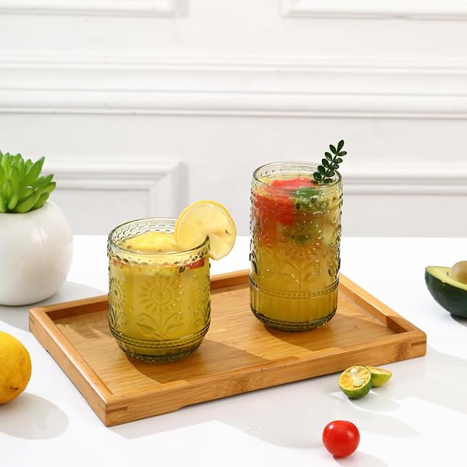Green Drinking Glasses Set of 12, 16 Oz Highball & 13 Oz Cocktail Glasses, Green Kitchen Vintage Glassware Set, Floral Embossed Glass Tumbler Cups for Coffee, Beer, Water, Whiskey, Juice - Image 3