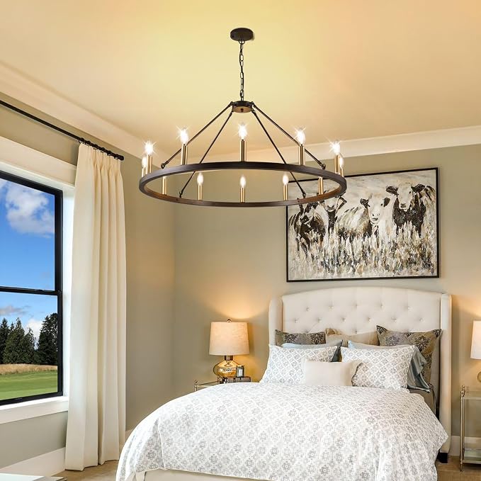 WJShome 37.5" Wagon Wheel Chandelier: The Ultimate Farmhouse Foyer Lighting Fixture - Gorgeous 12-Light Black and Gold Chandeliers to Enrich Your Dining Room! - Image 9
