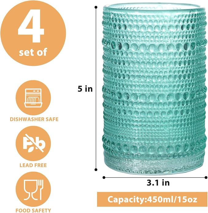 Set of 4 Hobnail Drinking Glasses, 15oz, Vintage Jupiter Drinking Glasses,Embossed Old Fsahioned Glassware for Beer,Water,Juice,Cocktail,Whiskey,Gift (Pool Blue, Large) - Image 2