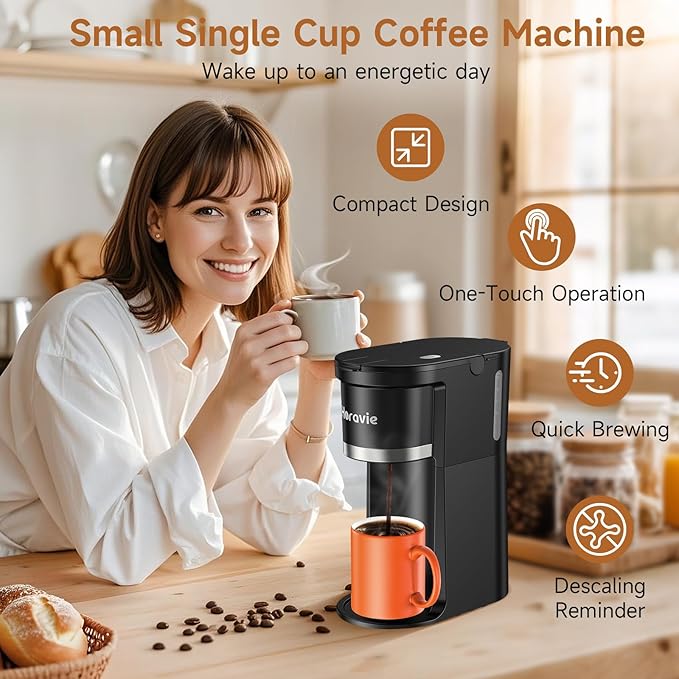 Small Single Serve Coffee Maker, One Cup Coffee Machine for K-Cup & Grounds | Portable Pod Coffee Maker, Fast Brew, 6 to 12 oz. Brew Sizes, One Button Design, Easy for Elder to Use, Space Saving, Black - Image 3