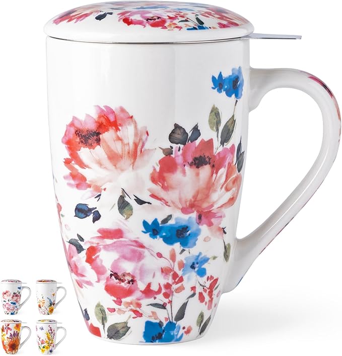 GBHOME Tea Mug with Infuser and Lid, 18 Ounce Large Ceramic Loose Leaf Cup, Microwave, Dishwasher Safe Steeping Mug, Pefect For Tea Lover