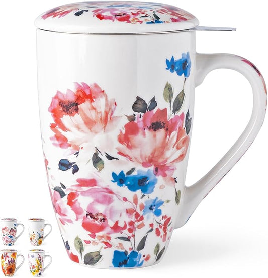 GBHOME Tea Mug with Infuser and Lid, 18 Ounce Large Ceramic Loose Leaf Cup, Microwave, Dishwasher Safe Steeping Mug, Pefect For Tea Lover