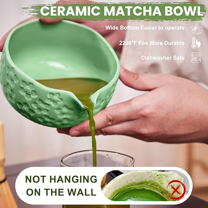 Matcha Whisk Set, Sakura Cyan Ceramic Matcha Set Includes Matcha Bowl, Matcha Whisk (Chasen) and Holder, Sifter, Bamboo Scoop & Spoon - 6 Pcs Matcha Kit for Matcha Lovers