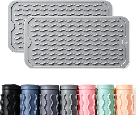 2 Pack Caketime Silicone Dish Drying Mat for Kitchen Counter Bathroom Under Sink Protector Faucet Drip Catcher Absorbent Liner Washer Dryer Countertop Organizer Drain Tray 12"x6" Light Gray by CAKETIME