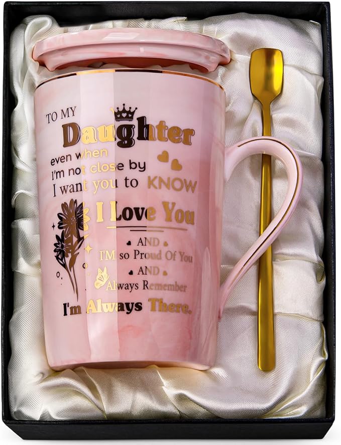 Daughter Birthday Gifts from Mom Dad - Unique 14oz Pink Marble Gold Print Coffee Mug, Lid, Spoon, Greeting Card, Presents for Wedding Blessing, Thanksgiving, Valentines, Graduation, Nice Gift Boxed by ALBISS