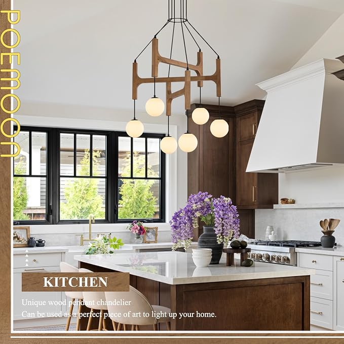 Farmhouse L28 '' Wooden Chandeliers with Milk Glass Globes Lampshades, Rustic Oak Mid Century Long Pendant Chandelier Light Fixture 6-Light for Foyer Living Dining Room Bedroom Kitchen,G9 - Image 8
